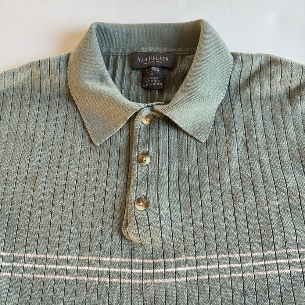 Van Heusen Men's Polo Sage Green Shirt Sweater Cotton Blend Chest Stripes M